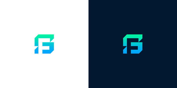 Modern geometric letter SF monogram logo with green and blue gradient on white and dark backgrounds