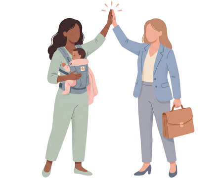 Motherhood illustration of mothers high five to each other