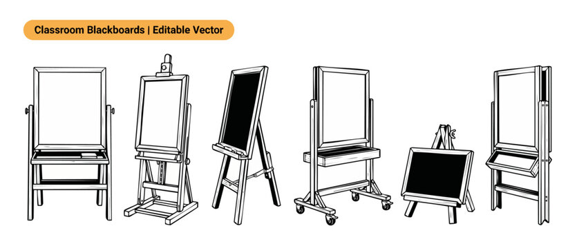 Classroom blackboard easel vector set showcasing different wooden standing chalkboards and drawing boards for educational teaching and presentation mockups, clean outline design on white background.