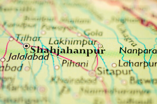 Macro detail of Shahjahanpur region on India map showing towns roads and river networks.