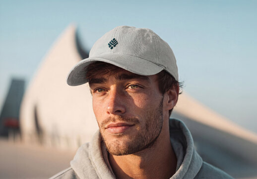 Man Wearing a Cap in a Seaside Town Mockup - Sunset Light
