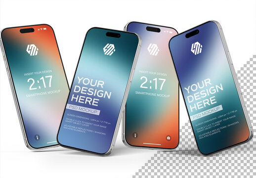 4 Floating Isolated Smartphones With Shadows on Clean White Background Mockup