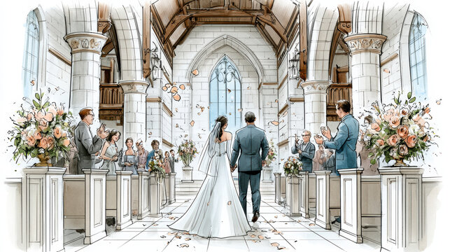Wedding ceremony in church with bride and groom walking down aisle while guests applaud and flower petals fall gently. watercolor style