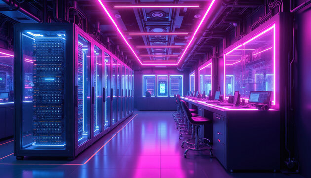 Futuristic quantum computing lab with neon pink lights. Server racks and workstations line a sterile, dark room. Advanced tech infrastructure for complex data processing and research.