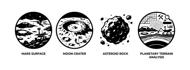 Stylized cosmic illustrations depicting planetary surfaces, lunar craters, space asteroids, and planetary terrain analysis tools © ARIF