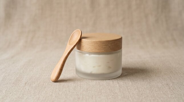 Organic skincare cream jar with a small wooden spatula on a natural linen background for eco friendly cosmetic branding and beauty product presentation with soft daylight and minimalist aest