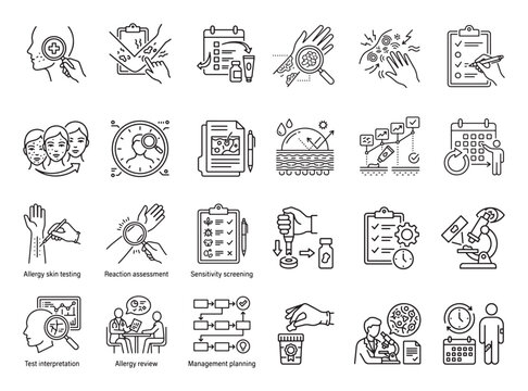 Set of allergy skin testing icons with reaction assessment, sensitivity screening, and management planning in outline style
