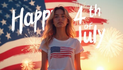 Fototapeta premium Young woman in American flag t-shirt stands before US flag and fireworks. She celebrates Independence Day holiday at dusk. Festive patriotic scene at sunset with bright sky.