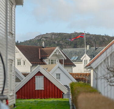 Norwegian residential neighborhood with traditional houses and national flag in scenic landscape.