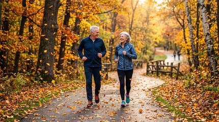 Obraz premium An active, healthy senior couple jogging together in a beautiful park during autumn