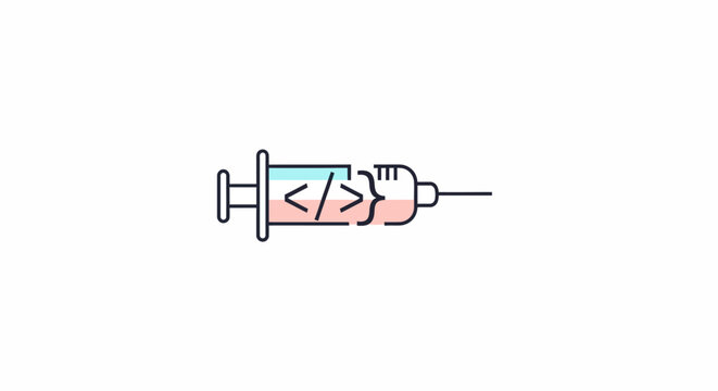 Coding injection syringe with HTML symbols.