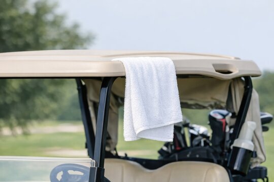 A golf cart with a towel on its roof, ideal for outdoor activities and sporting events