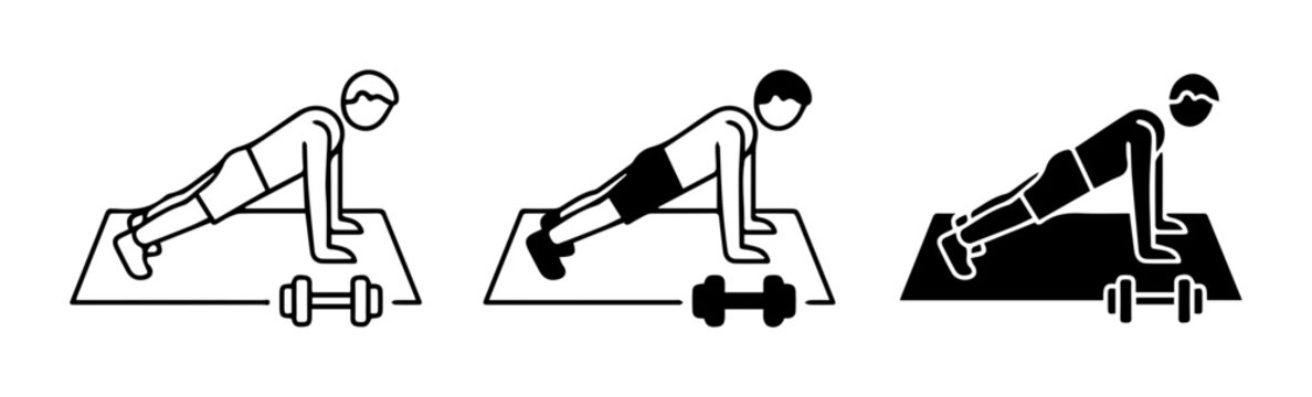 Fitness Icons: Push-up Exercise, Dumbbell, Workout Mat, Three Styles, Vector Set