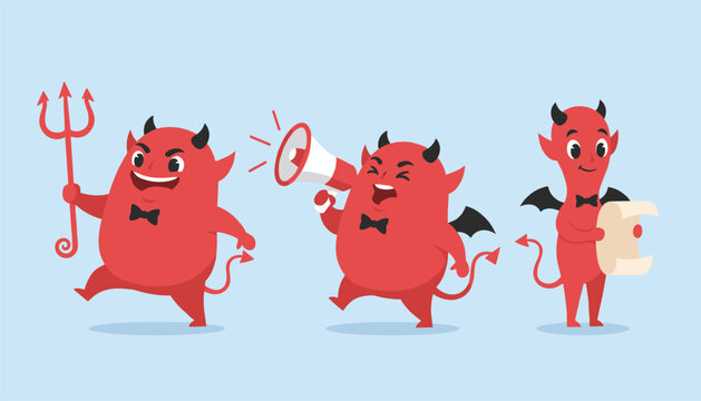 Three mischievous red cartoon devil characters are depicted with a pitchfork, a megaphone, and a contract scroll.