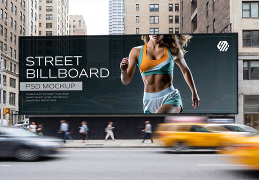 Large Panoramic Billboard in New York City Street Mockup &ndash; Front View
