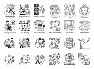 Fototapeta premium Oncology icons for tumor detection, diagnosis review, imaging, palliative care, symptom management, and supportive consultation. Medical health services.