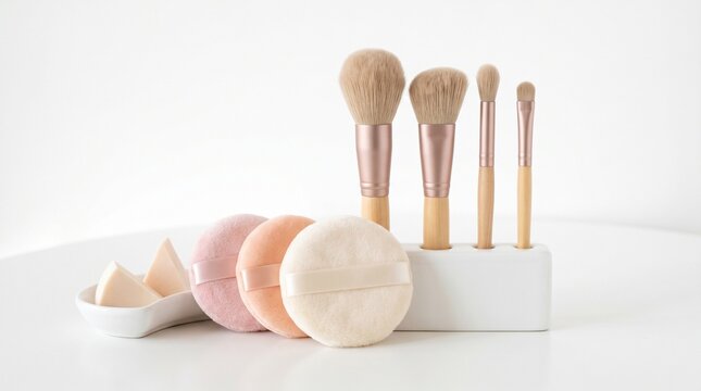 Minimalist makeup tools collection featuring professional cosmetic brushes and soft powder puffs arranged on a clean white surface in a bright studio setting