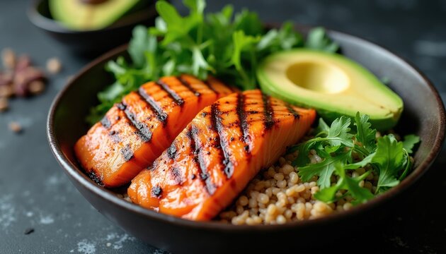Grilled salmon with avocado and greens served over grains in a dark bowl. This nutritious and colourful meal offers delicious flavor and healthy fats. Perfect for a light lunch or dinner.