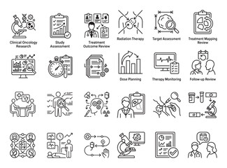 Fototapeta premium Clinical oncology research and study assessment line icon set featuring treatment outcome review therapy monitoring and dose planning graphics