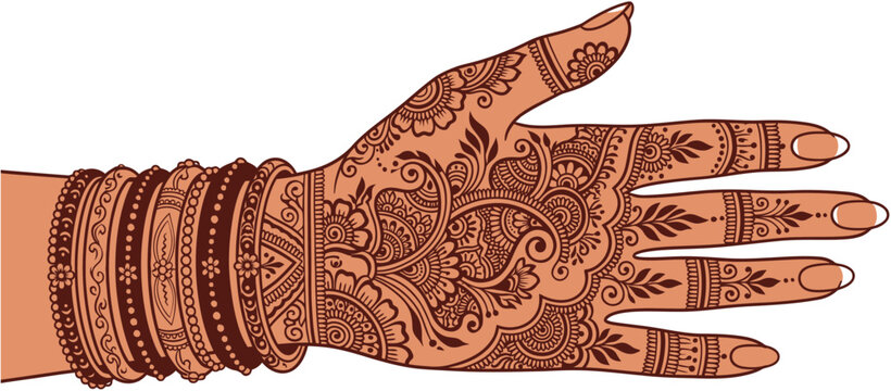 Traditional Indian wedding mehndi henna design on a bride's hand with marigold flower patterns