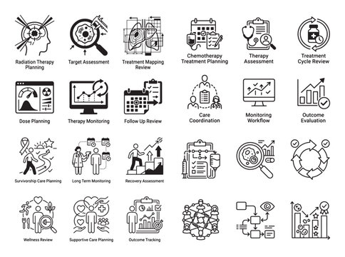 Cancer survivorship and recovery assessment line icon set including chemotherapy treatment planning outcome evaluation and supportive care planning