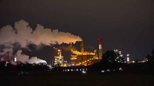 Factory emitting night wide view with smoke stacks and refinery lights, industrial pollution scene for environmental risk, energy production, climate reporting, and air quality warning media