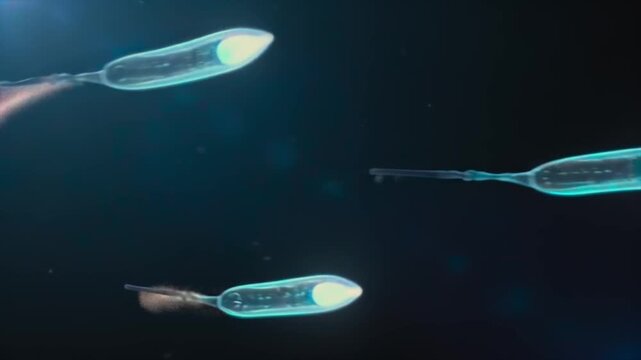 Sperm cells swimming macro view through dark fluid, bioluminescent motion trails for fertility research, reproductive medicine, laboratory testing, IVF education, male health, and clinical diagnostics