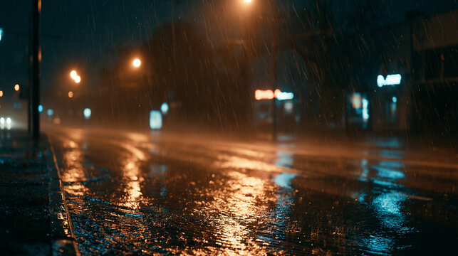 Calle mojada bajo una fuerte lluvia nocturna con reflejos de luces urbanas, clima adverso (ideal para pron&oacute;stico del tiempo y noticias)