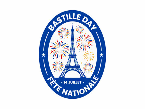 Bastille Day celebration emblem with Eiffel Tower and fireworks  French national holiday icon