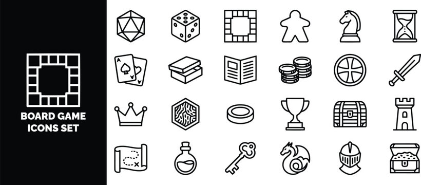Board game set featuring dice, playing cards, chess pieces, treasure chests, fantasy and strategy game