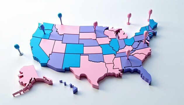 USA map 3D illustration features states in pink and blue with pins. Alaska and Hawaii shown separately. Map pieces fit together like puzzle.