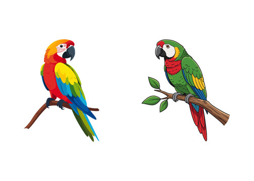 Colorful Macaw Parrots Perched on Branches Isolated on White Background