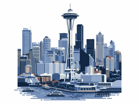 Seattle cityscape with Space Needle and waterfront buildings  urban landscape