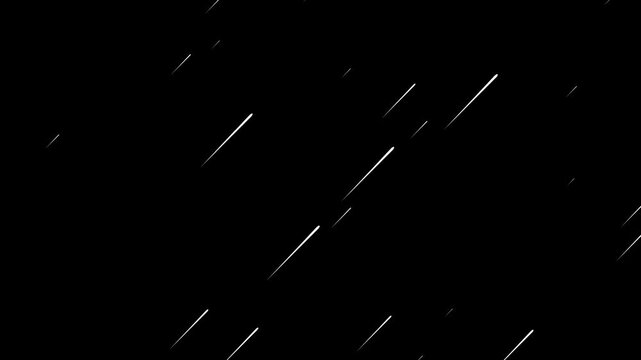 Meteor rain falling animation. falling meteorites rain video with black background. streaks of light fall like rain against black. Looping seamless heavy rainfall storm effect overlay