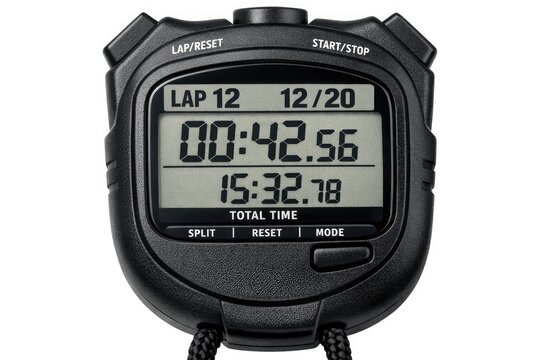 Close-up of a stopwatch on a white surface, ideal for time-related themes