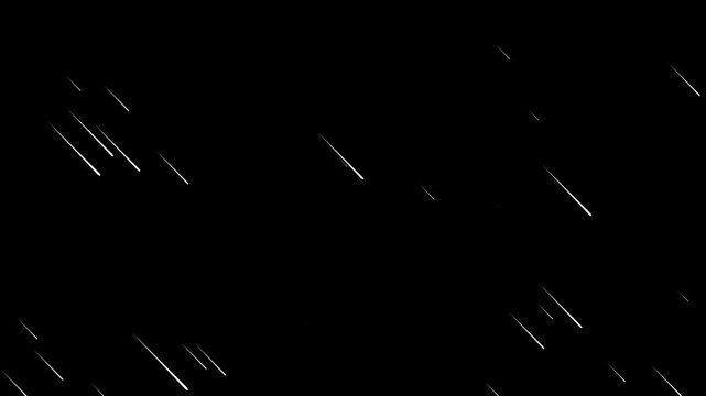 Meteor rain falling animation. falling meteorites rain video with black background. streaks of light fall like rain against black. Looping seamless heavy rainfall storm effect overlay