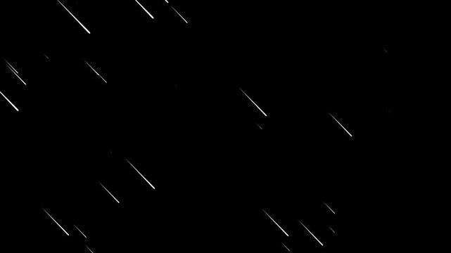 Meteor rain falling animation. falling meteorites rain video with black background. streaks of light fall like rain against black. Looping seamless heavy rainfall storm effect overlay