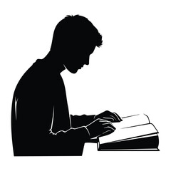 Student reading book vector illustration, young boy focused on textbook, side profile portrait. © FAROZON