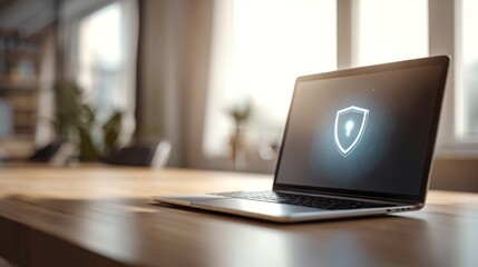 Fototapeta premium Secure login on laptop screen in modern office with shield icon, data protection and privacy concept