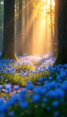 Naklejka premium Sunlight illuminates forest path covered in blue wildflowers. Beams of golden light pierce through green trees creating magical serene woodland scene. Tranquil natural setting evokes wonder, peace.