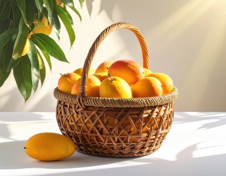 A woven basket overflowing with ripe, golden fruit, with sunlight filtering through green leaves