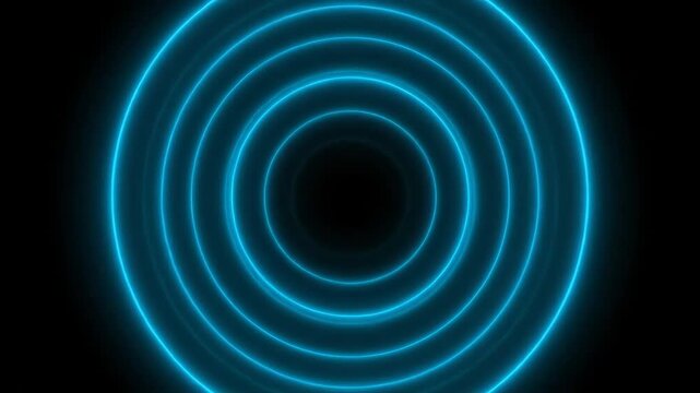 Abstract Blue Neon Glowing Concentric Rings Ripple Effect on Black Background