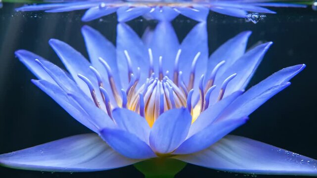 Blue lotus bud submerged underwater with bubbles and light rays.