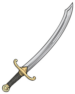 Historical curved scimitar sword with a golden hilt vector illustration