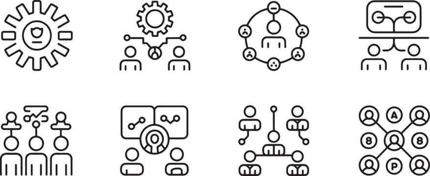 People Connectivity Network Icon Set with Gear, Circuit, Server, and Role User Symbols for Team Collaboration