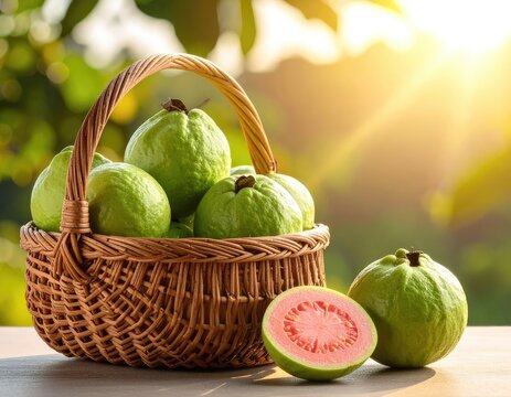 Ripe green fruits in woven basket, one halved revealing pink interior