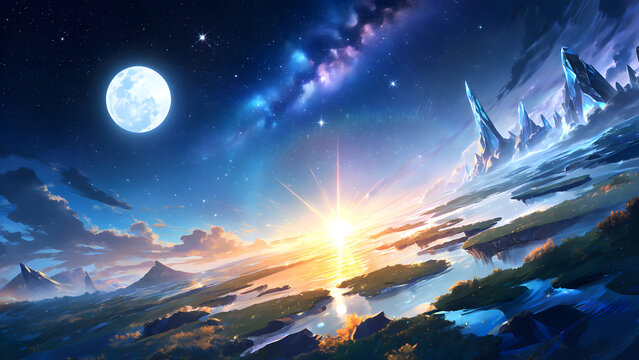 昼と夜が同じ空に共存するファンタジー風景、神秘的でドラマチックな雰囲気、ファンタジー背景向け
