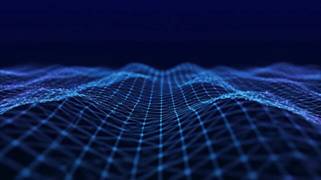 Abstract blue digital wave of lines and nodes representing a data network.