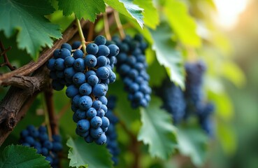 Fototapeta premium Clusters of small, dark blue grapes hang from a vine with green leaves. Sunlight filters through the foliage creating a soft glow on the ripe fruit. Grapes grow naturally on branches in vineyard.