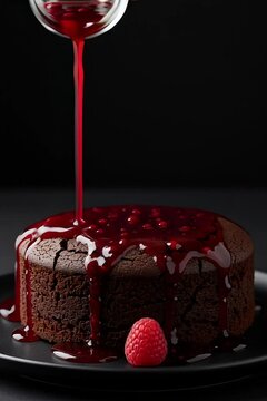 Double pour magic &mdash; that ruby raspberry coulis now streams down, slowly floods the top of the flourless chocolate cake, then drips in thick glossy ribbons down the crackled sides